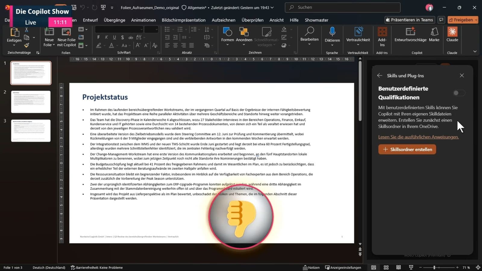 Live-Demo in PowerPoint mit Copilot, eingeblendet ein Daumen nach unten als Verdikt